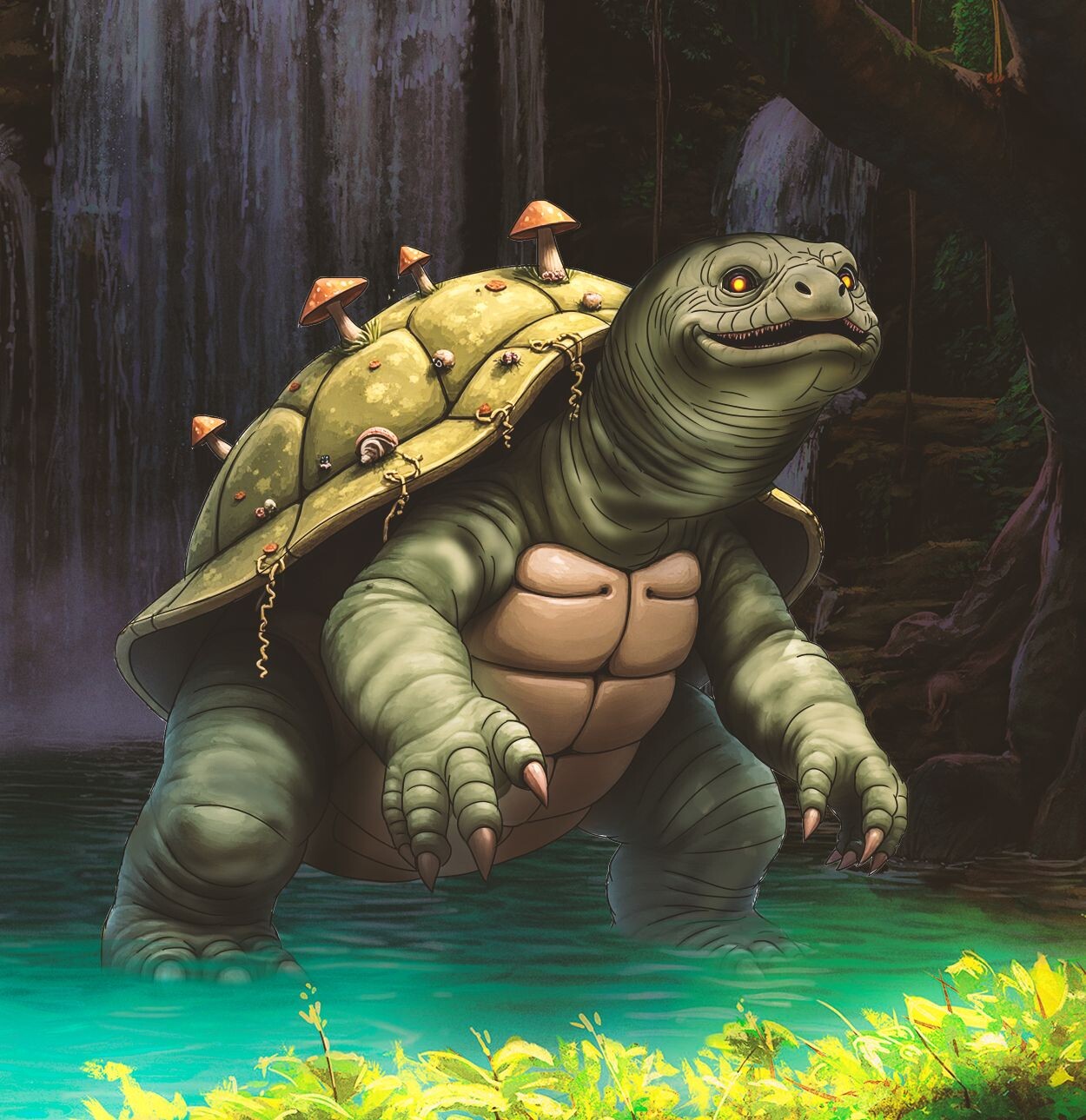 Painterly illustration of a giant ancient turtle with mushrooms on its shell wading through a jungle pool