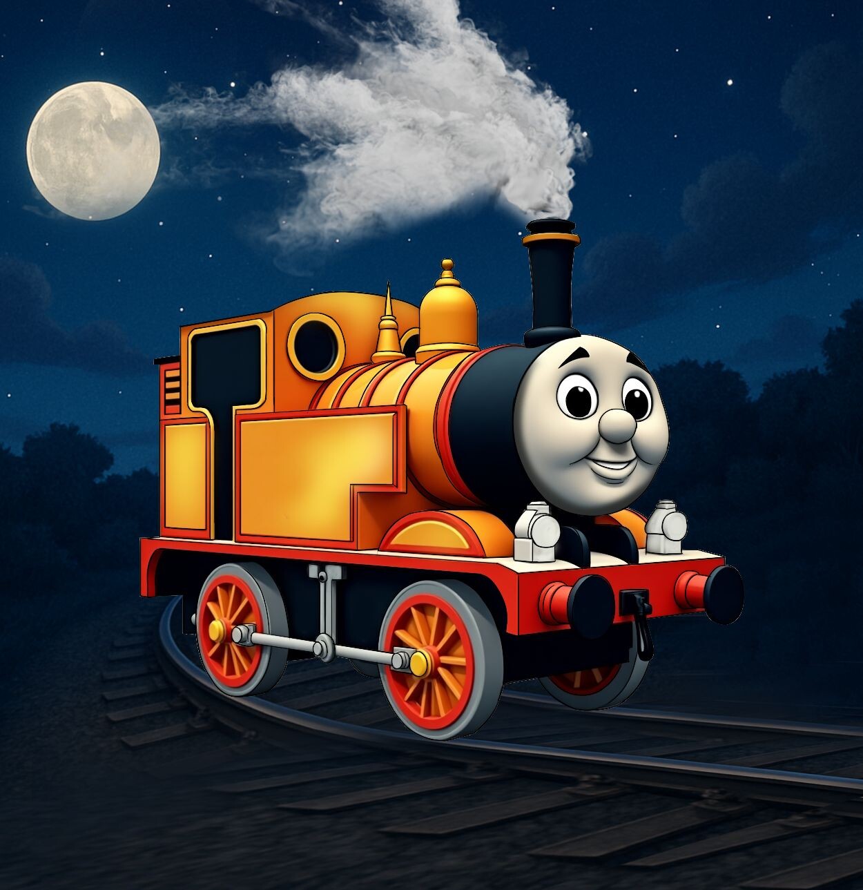 Stylized 3D render of a cheerful orange tank engine on moonlit rails
