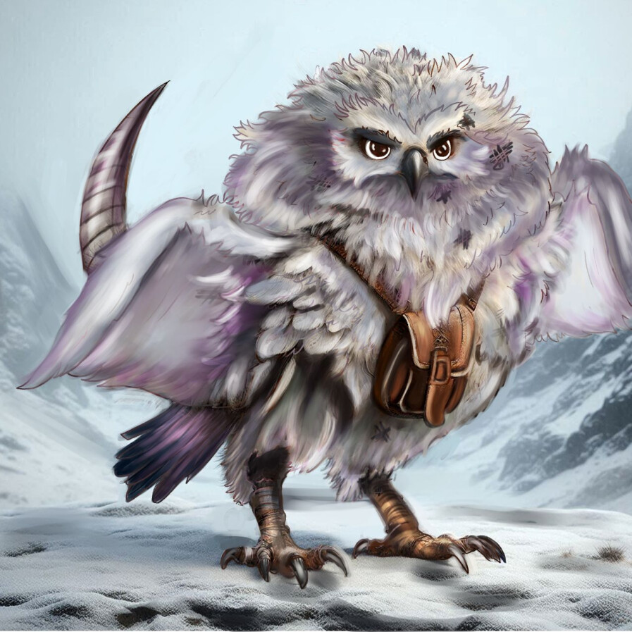 Digital painting of a battle-scarred owl griffin with a leather satchel in snowy mountains